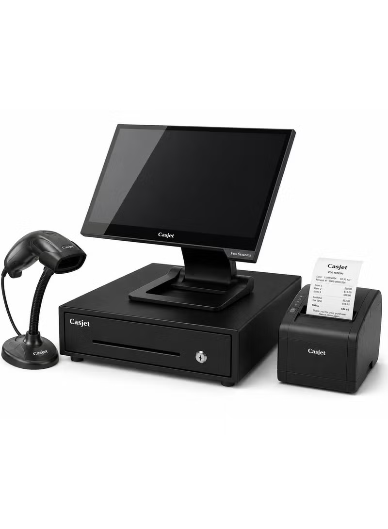 CASJET All-in-One POS System with Barcode Scanner, Cash Drawer and POS Printer