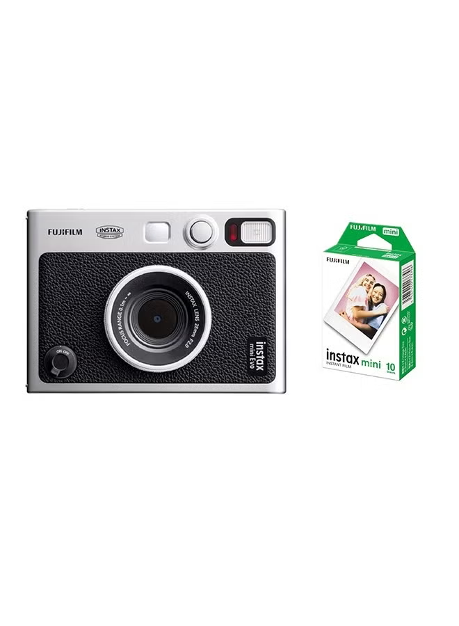 Fujifilm Instax Mini EVO Hybrid Instant Camera – Black, USB-C, with 10-Sheet Film Pack