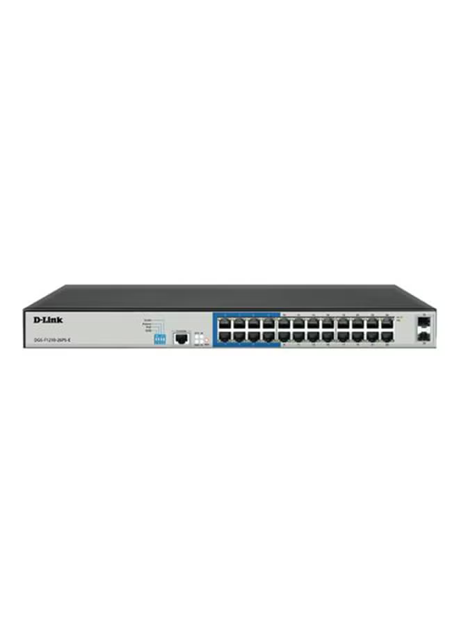 D-Link DGS-F1210-26PS-E 26-Port Gigabit PoE+ Smart Managed Switch – 24 PoE Ports, 2 SFP Ports, 250m Long-Range Support, Black