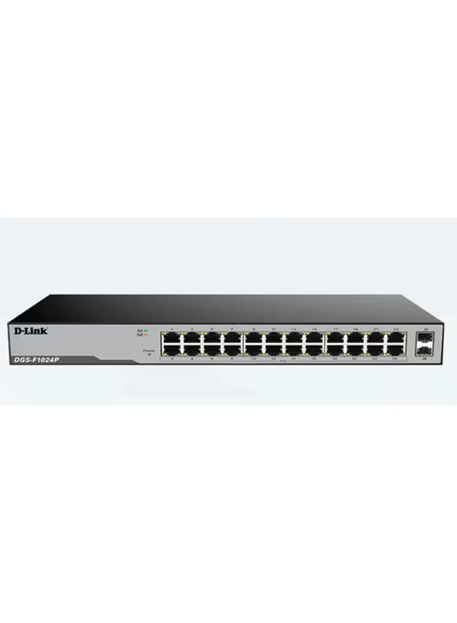 D-Link DGS-F1024P 24-Port Gigabit Unmanaged PoE Switch with 2 SFP Ports, 52 Gbps Switching Capacity, 250W PoE Budget – Black/Grey