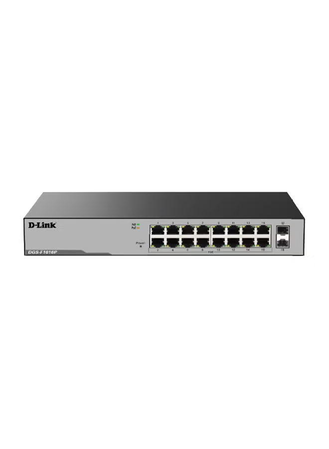 D-Link DGS-F1016P 16-Port Gigabit Unmanaged PoE Switch with 2 SFP Uplink Ports, 250W PoE Budget – Black